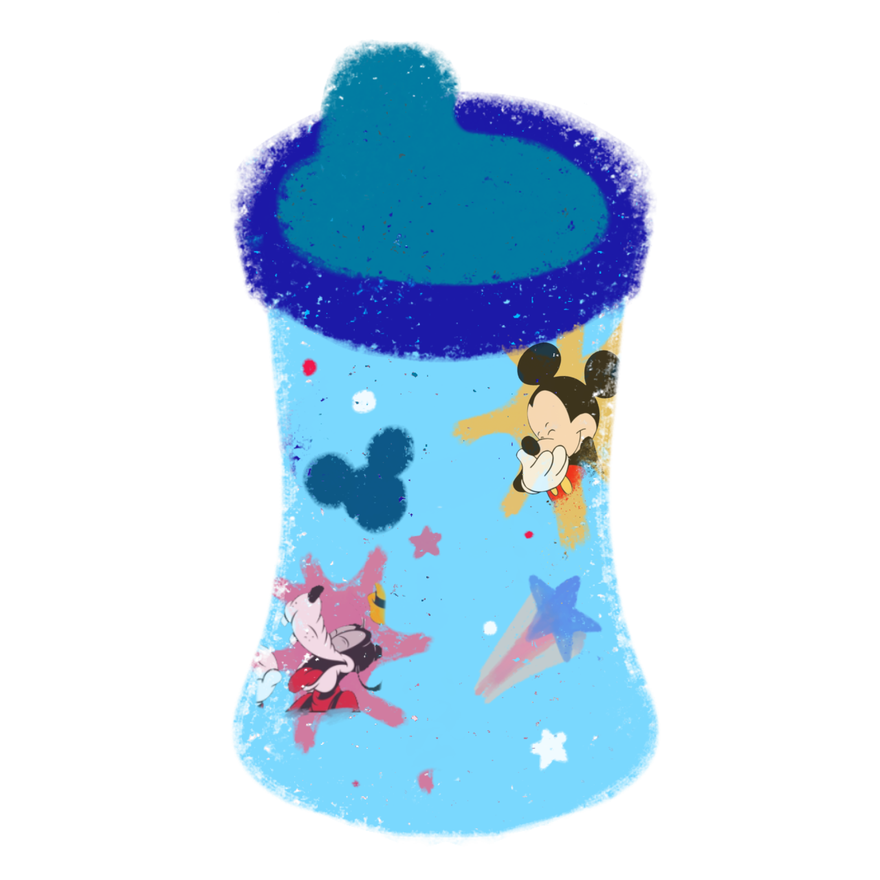 a blue sippy cup with a dark blue cap. The cup has a design of Mickey Mouse, Goofy, spots and stars.